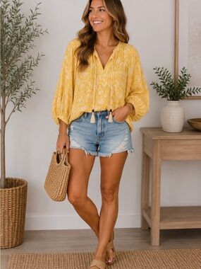 Sunny Yellow Printed V-Neck Peasant Blouse with Tassel Ties